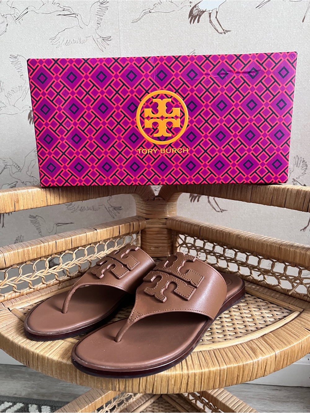 Tory Burch Weston full logo thong sandals calf leather royal tan